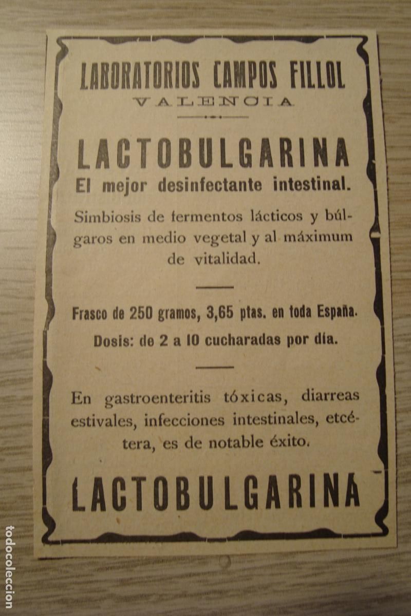 Werbekataloge: ANTIGUA PUBLICIDAD LABORATORIOS CAMPOS FILLOL VALENCIA. LACTOBULGARINA A&Ntilde;OS 30