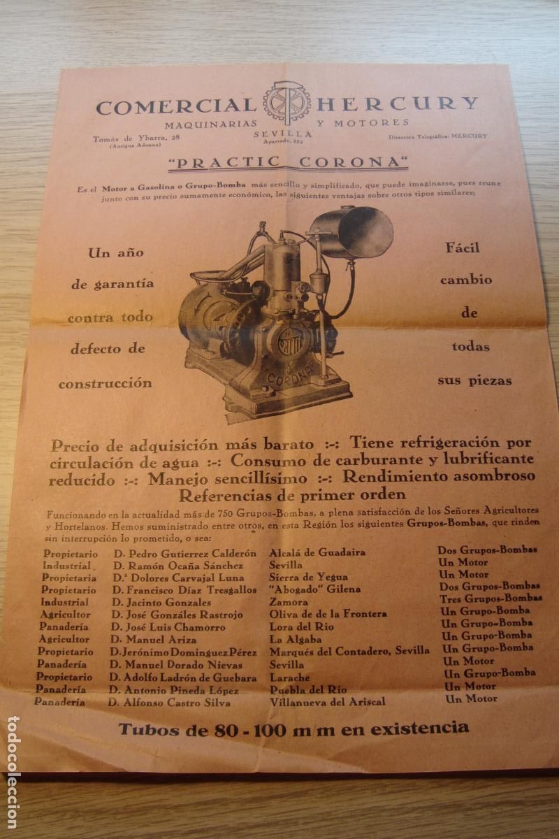 Advertising Catalogs: ANTIGUA PUBLICIDAD COMERCIAL HERCURY MAQUINARIAS Y MOTORES. PRACTIC CORONA BOMBA