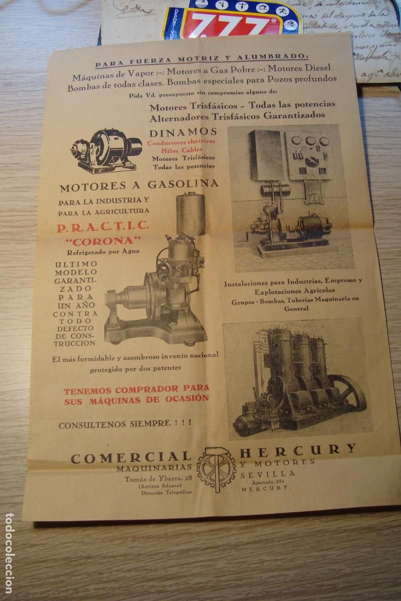 Advertising Catalogs: ANTIGUA PUBLICIDAD MOTORES A GASOLINA DINAMOS MOTRIZ Y ALUMBRADO. COMERCIAL HERCURY SEVILLA