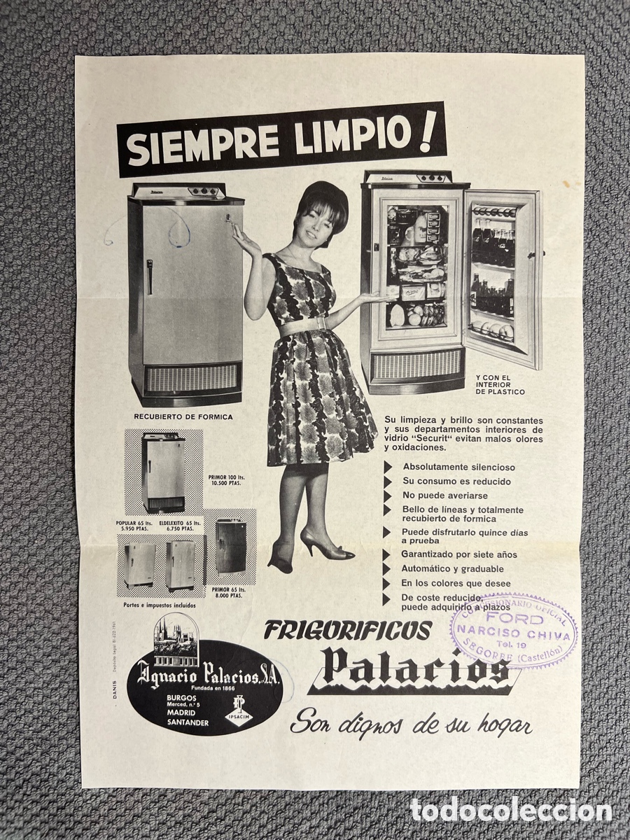Cat&aacute;logos publicit&aacute;rios: SEGORBE. Hoja publicidad Frigor&iacute;ficos Palacios.. Concesionario Oficial, Narciso Chiva (h.1960?)