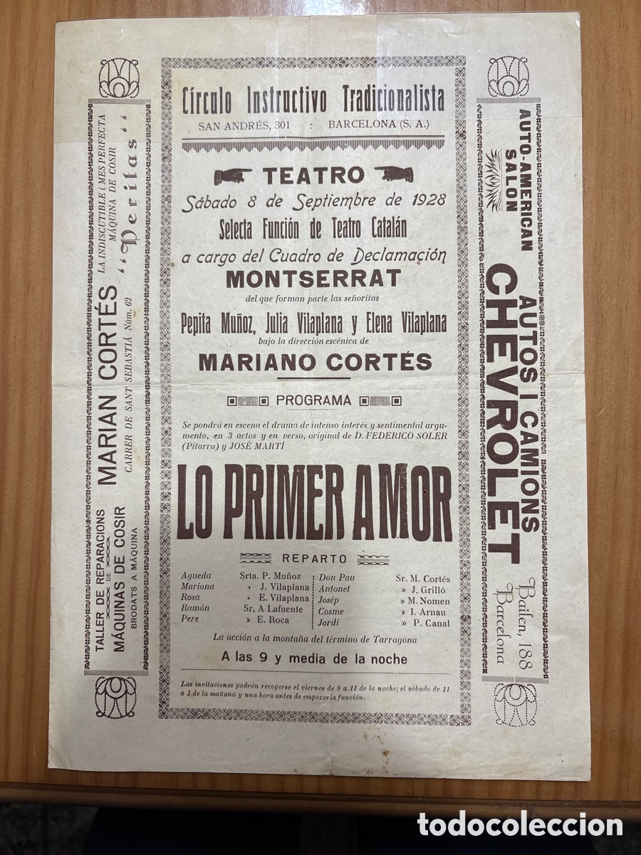 Cat&aacute;logos publicit&aacute;rios: 1 c&agrave;rtel antiguo teatro a&ntilde;o 1928