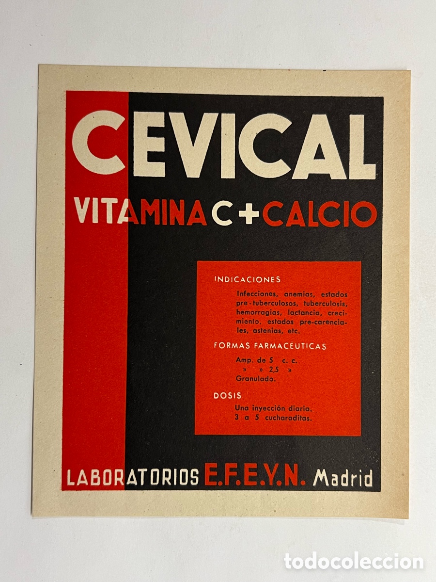 Cat&aacute;logos publicit&aacute;rios: CEVICAL.. VITAMINA C + Calcio. Publicidad farmac&eacute;utica. Laboratorios EFEYN, Madrid (h.1950?)