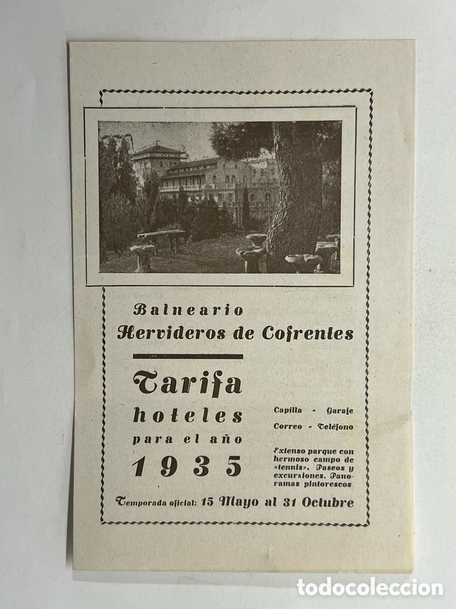 Cat&aacute;logos publicit&aacute;rios: Balneario Hervideros de Cofrentes Tarifa hoteles (a.1935) D&iacute;ptico&hellip;