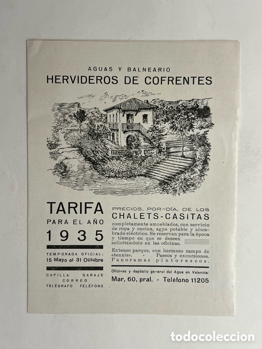 Cat&aacute;logos publicit&aacute;rios: AGUAS Y BALNEARIO HERVIDEROS DE COFRENTES. Tarifas para el a&ntilde;o 1935.. Triptico