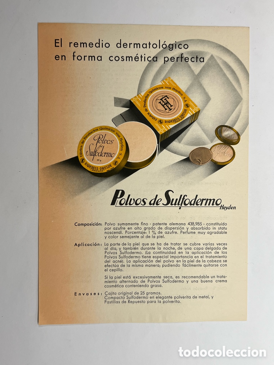 Catalogues publicitaires: Polvos de Sulfodermo, Heyden. El remedio dermatol&oacute;gico en forma cosm&eacute;tica perfecta