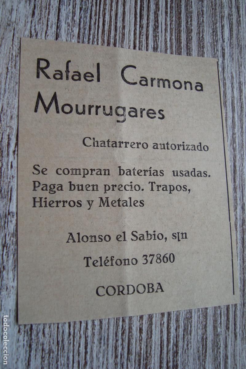 Cataloghi pubblicitari: ANTIGUA PUBLICIDAD RAFAEL CARMONA MOURRUGARES. CHATARRERO CORDOBA