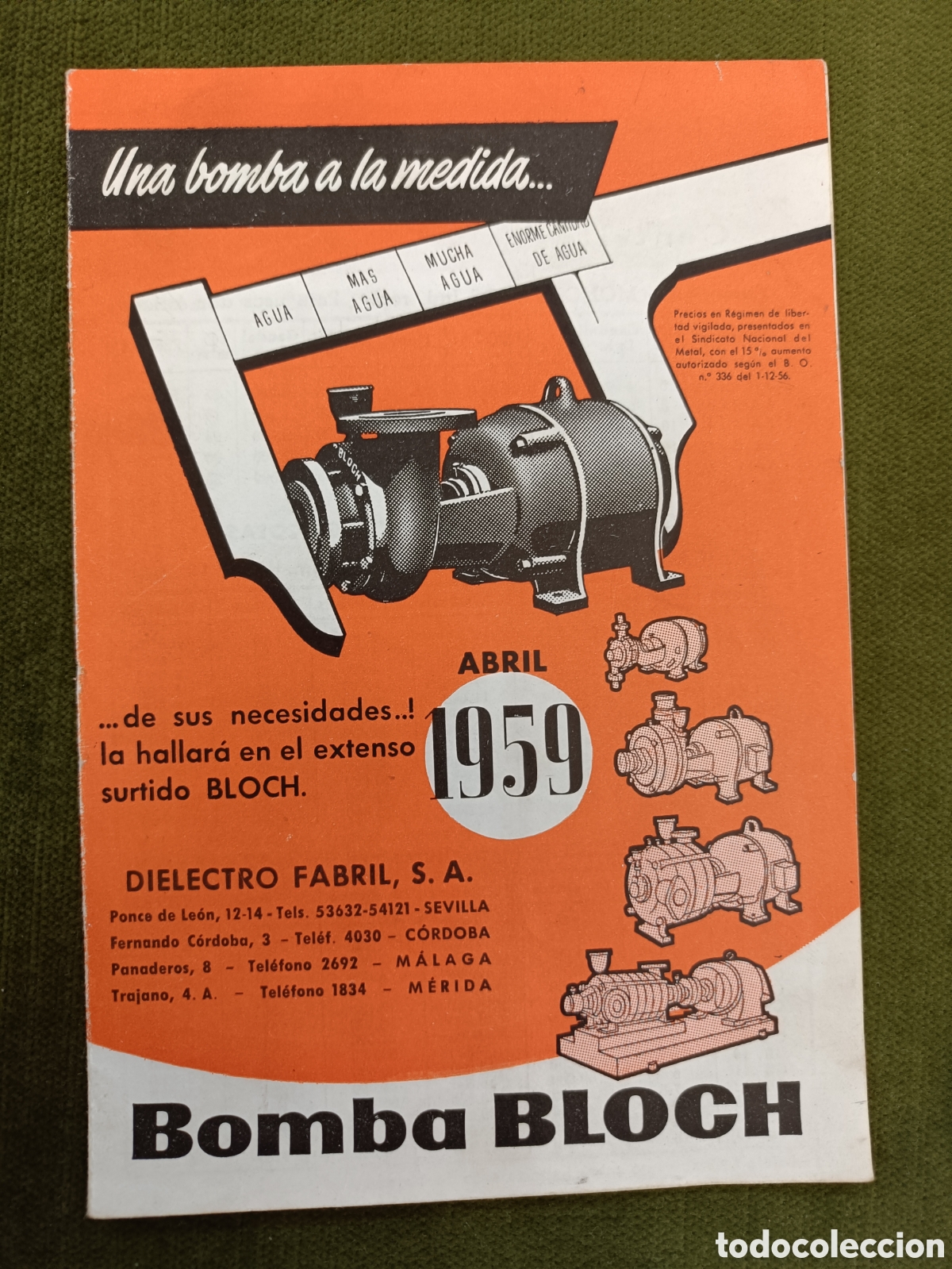 Cataloghi pubblicitari: CAT&Aacute;LOGO PUBLICITARIO BOMBA BLOCH. ABRIL 1959.