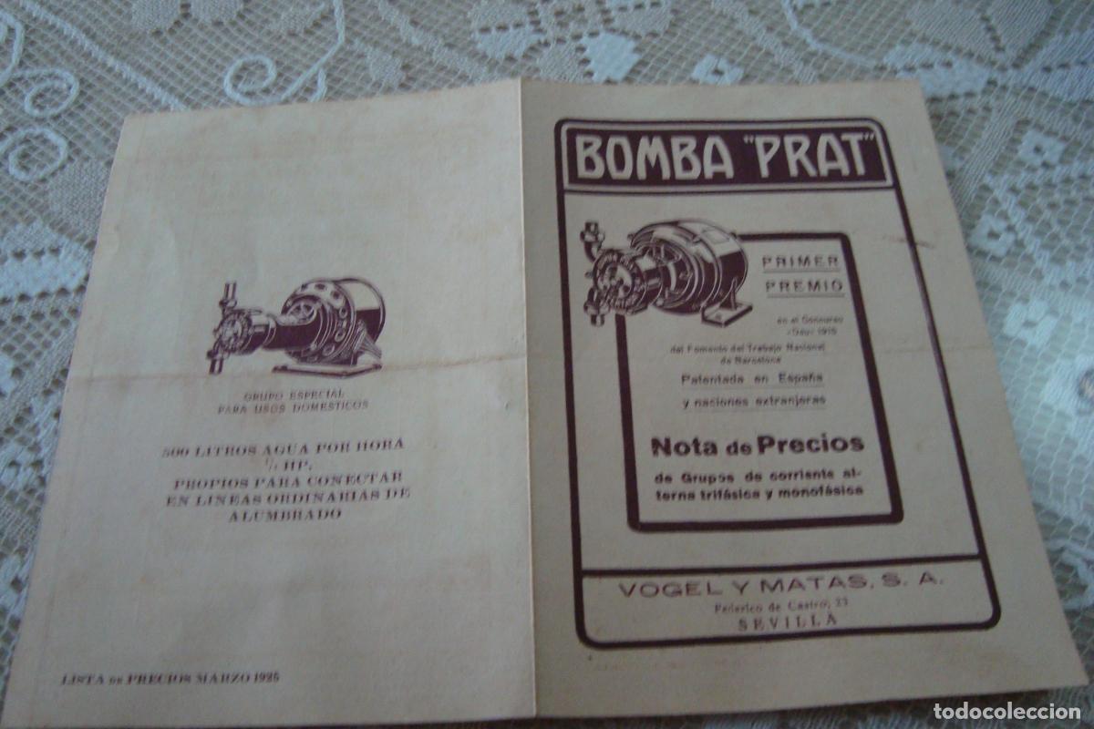 Catalogues publicitaires: ANTIGUO DIPTICO NOTA PRECIOS 1925. BOMBA AGUA PRAT. VOGEL Y MATAS S.A SEVILLA