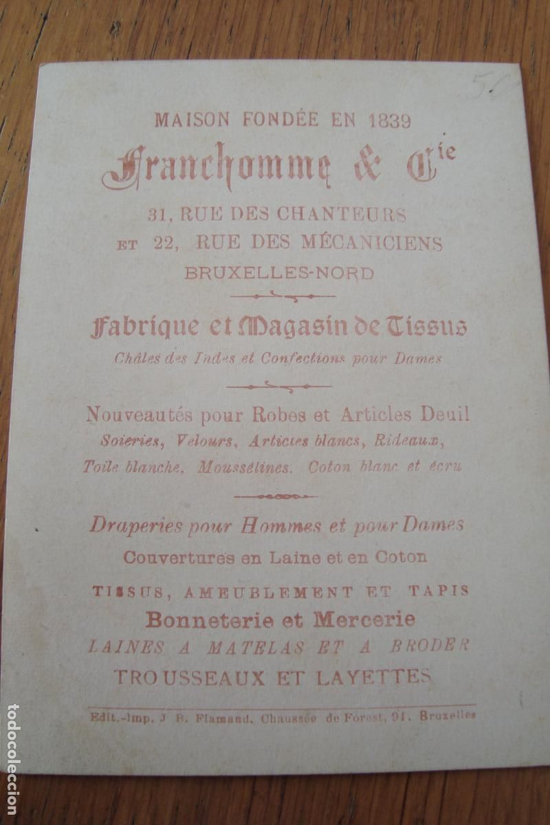 Cataloghi pubblicitari: ANTIGUA TARJETA CARTE MAISON FRANCHOMME & CIE. BRUXELLES. FABRIQUE ET MAGASIN DE TISSUS. XIX
