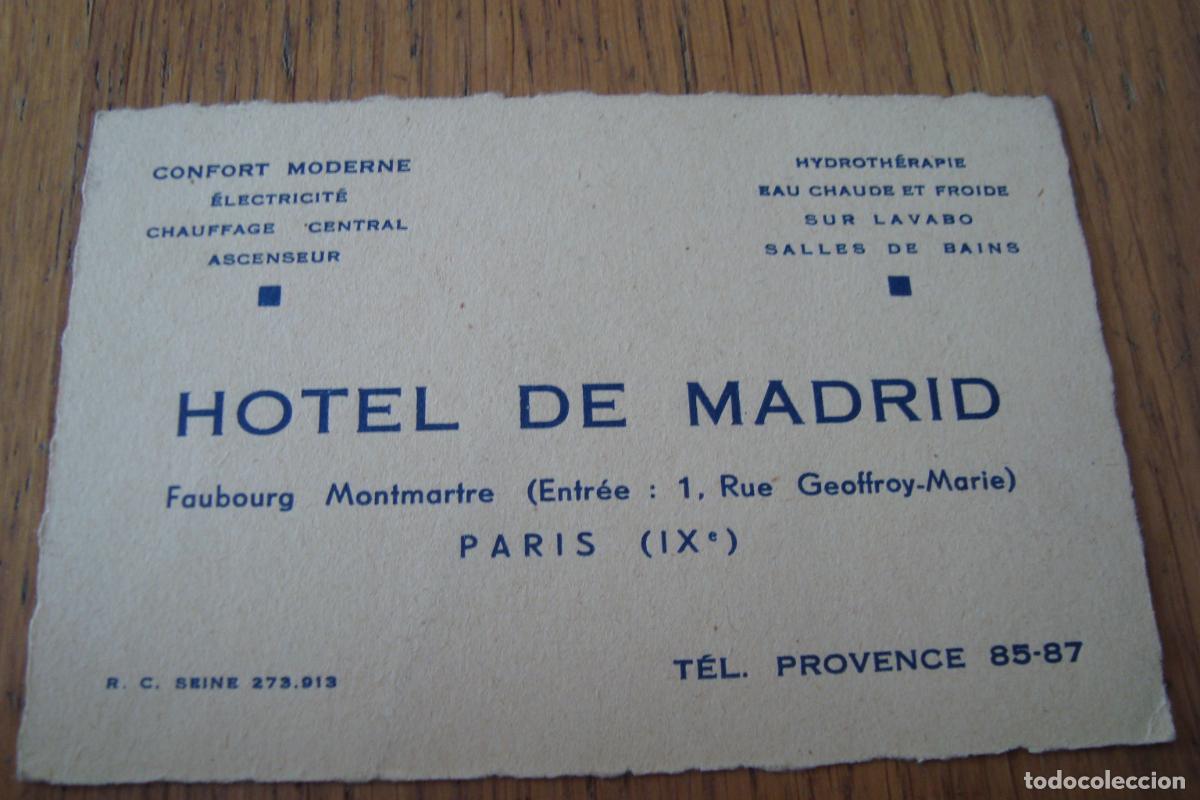 Advertising Catalogs: ANTIGUA TARJETA CARTE COMERCIAL HOTEL DE MADRID. FAUBOURG MONTMATRE PARIS FRANCE