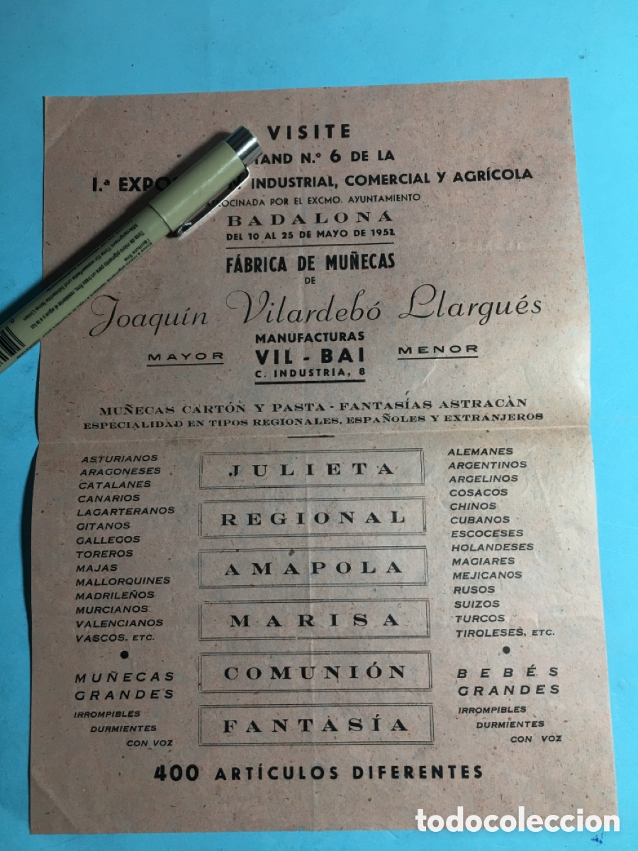 Catalogues publicitaires: 1951 BADALONA A IGUALADA SOBRE CON PUBLICIDAD F&Aacute;BRICA DE MU&Ntilde;ECAS MANUFACTURAS VIL-BAI