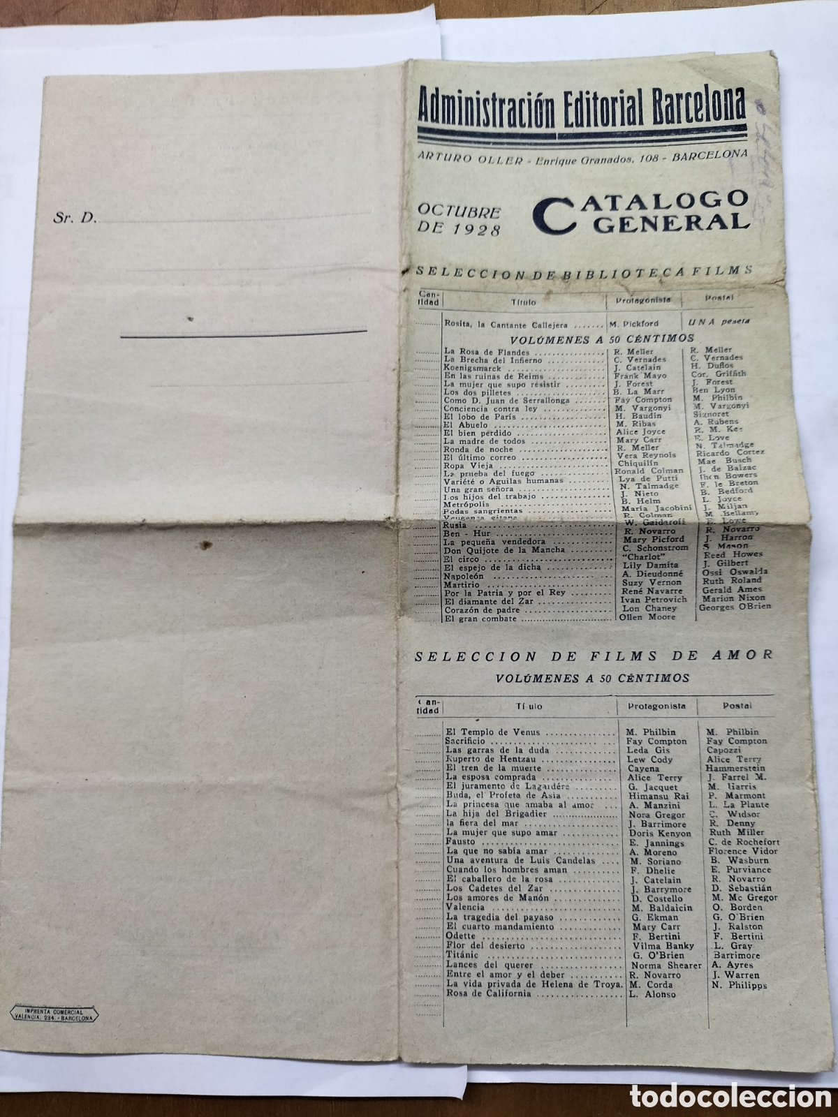 Cat&aacute;logos publicitarios: Biblioteca Films. Cat&aacute;logo General. Octubre 1928. Administraci&oacute;n Editorial Barcelona.