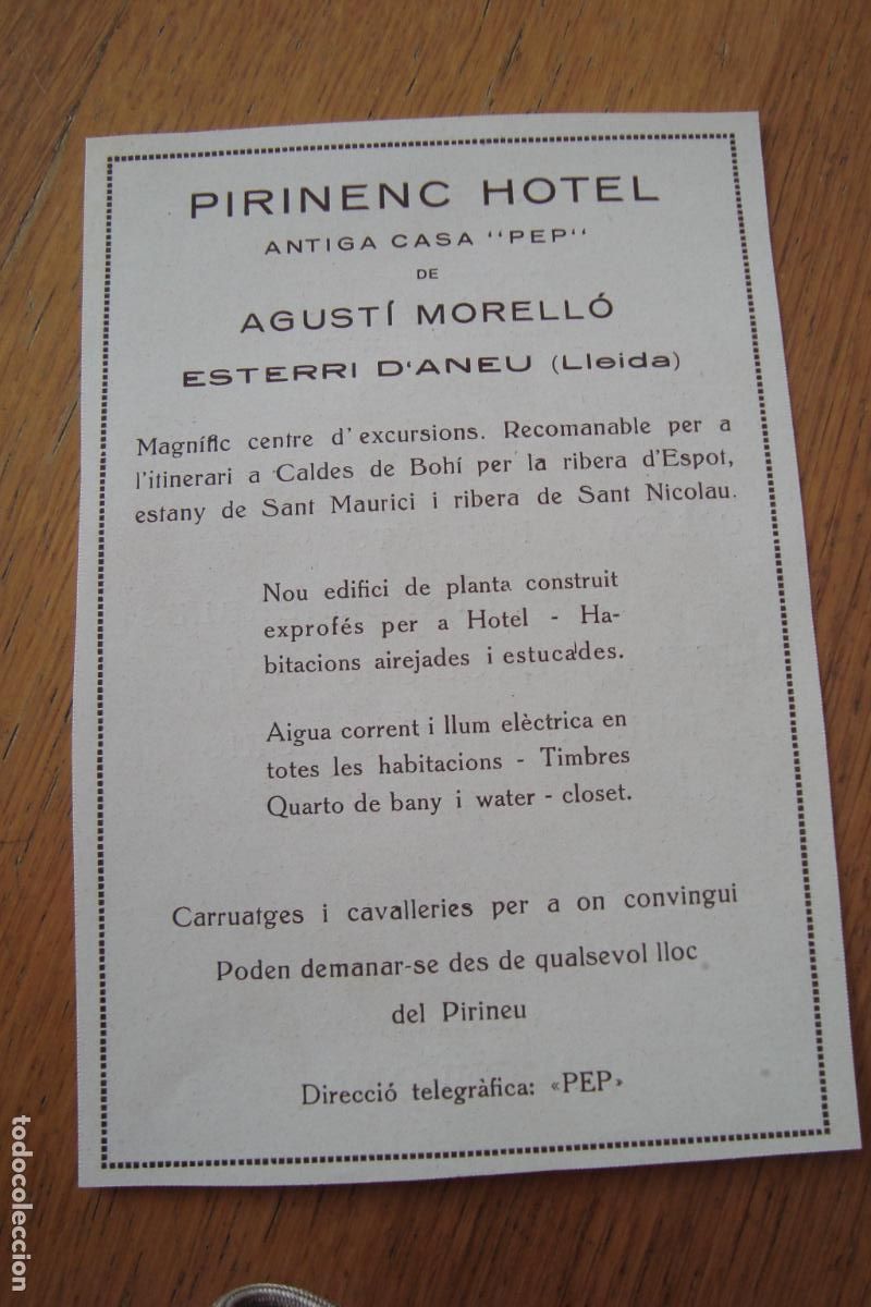 Cat&aacute;logos publicitarios: ANTIGUA PUBLICIDAD PIRINENC HOTEL AGUSTI MORELLO. ESTERRI D'ANEI LLEIDA- SABATERIA GRAU BARCELONA