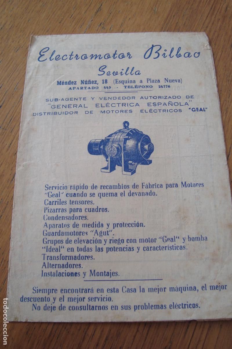 Cat&aacute;logos publicitarios: ANTIGUO DIPTICO ELECTROMOTOR BILBAO. MOTORES GEAL SEVILLA 1957