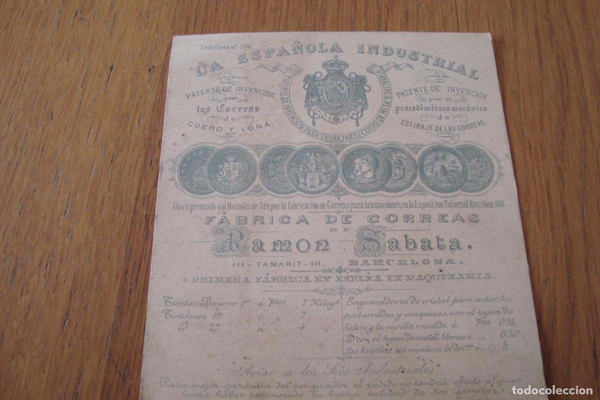 Werbekataloge: ANTIGUA TARJETA RAMON SABATA. FABRICA CORREAS. LA INDUSTRIAL ESPA&Ntilde;OLA BARCELONA 1890. PRECIOS