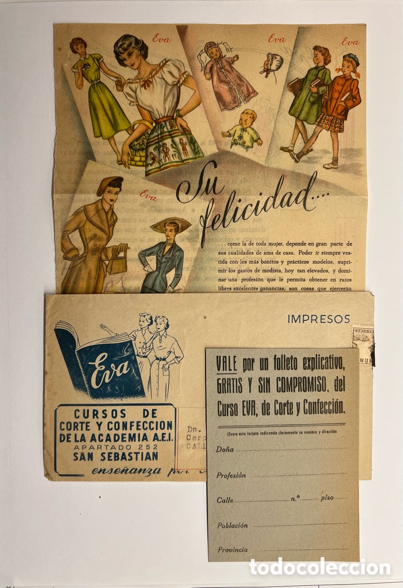 Catalogues publicitaires: SAN SEBASTI&Aacute;N. EVA, Corte y confecci&oacute;n. Cursos por correspondencia.. Folleto, Sobre y Carta (h.1960?