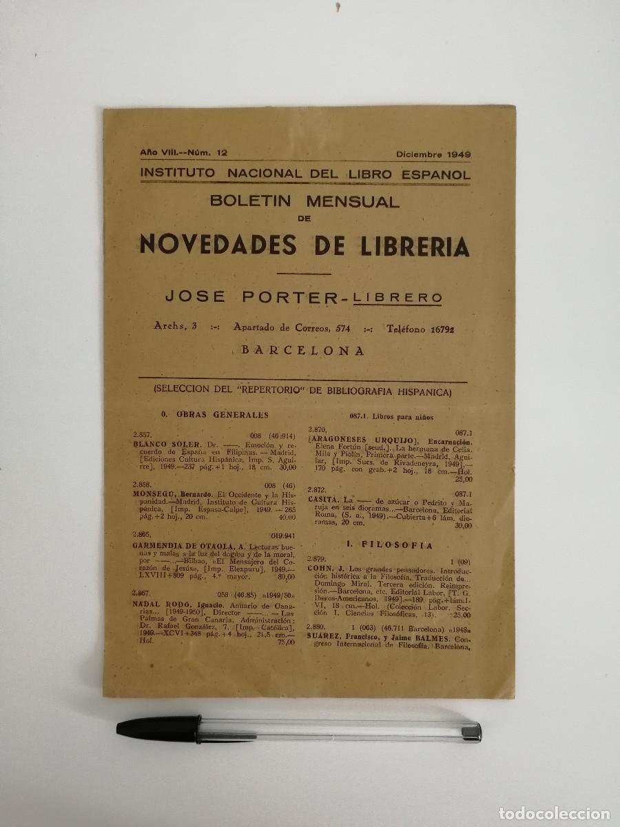 Advertising Catalogs: INSTITUTO NACIONAL DEL LIBRO ESPA&Ntilde;OL BOLETIN MENSUAL-LISTA-NOVEDADES DE LIBRERIA JOSE PORTER - 1950