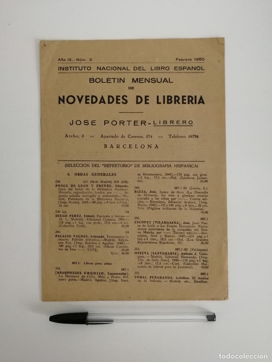 Advertising Catalogs: INSTITUTO NACIONAL DEL LIBRO ESPA&Ntilde;OL BOLETIN MENSUAL-LISTA-NOVEDADES DE LIBRERIA JOSE PORTER - N.2