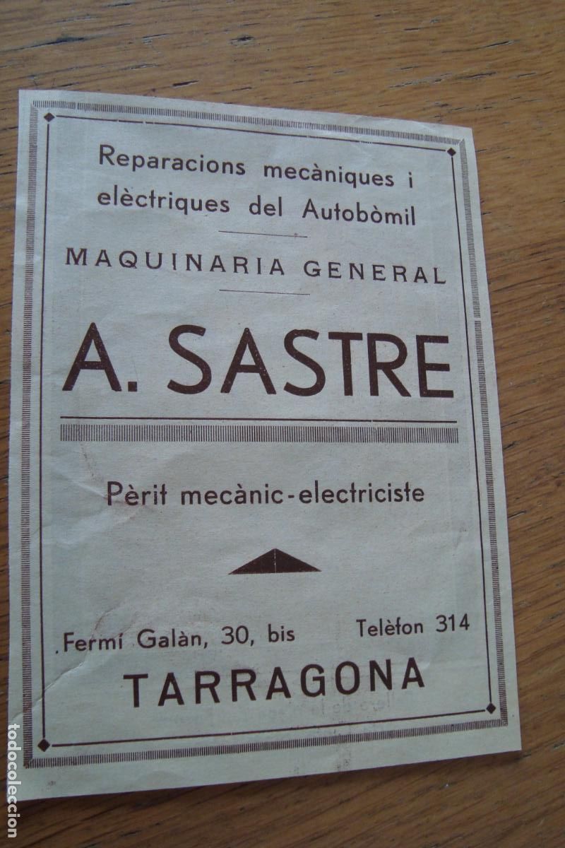 Werbekataloge: ANTIGUA PUBLICIDAD A. SASTRE MAQUINARIA GENERAL ELECTRICISTA. TARRAGONA 1934