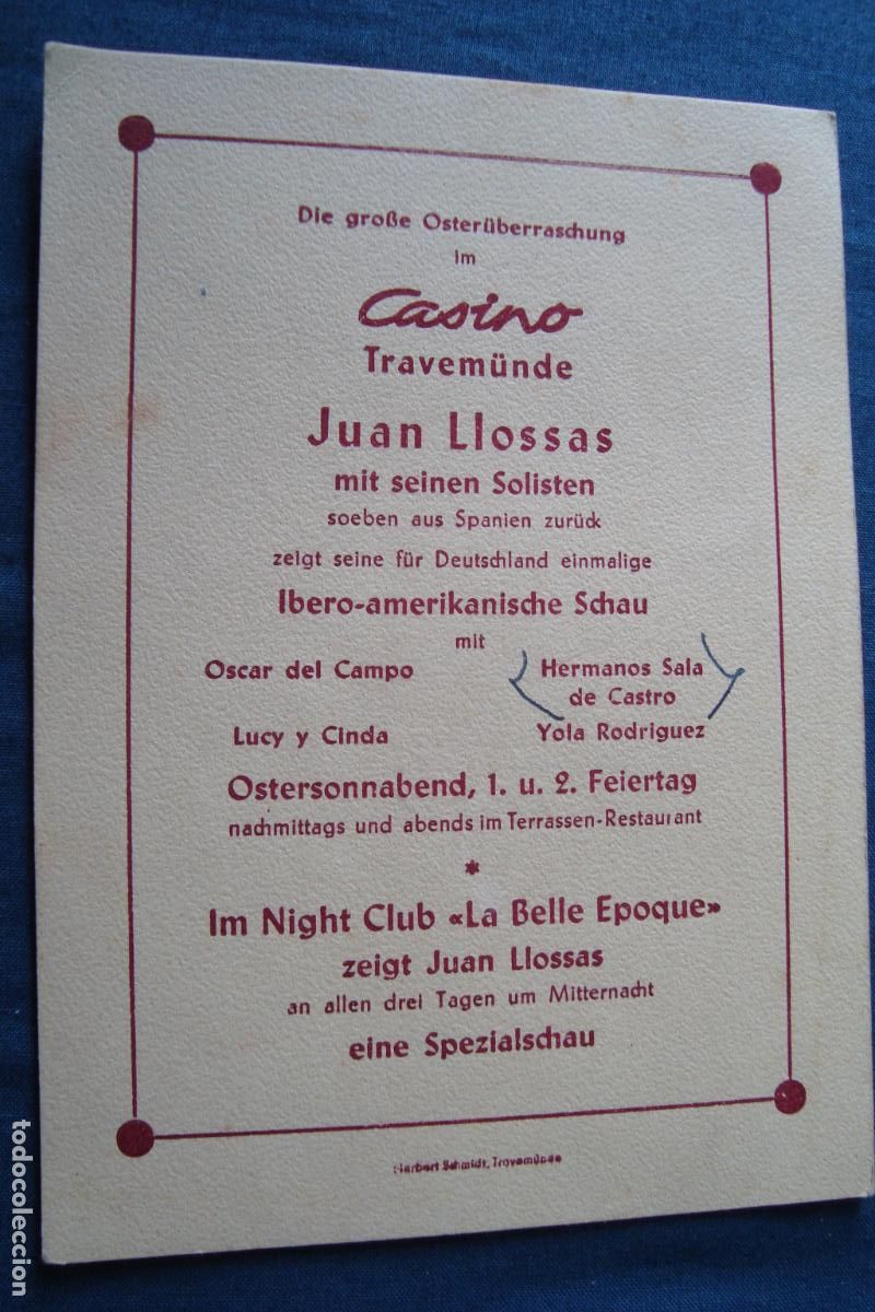 Cat&aacute;logos publicit&aacute;rios: ANTIGUA TARJETA. CASINO TRAVEMUNDE. JUAN LLOSSAS. LUCY Y CINDA. HERMANOS SALA CASTRO. YOLA LOPEZ