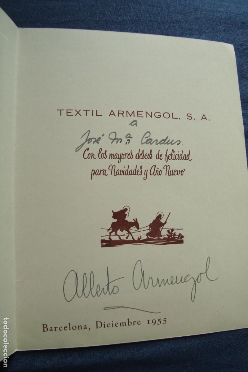 Cat&aacute;logos publicit&aacute;rios: ANTIGUA TARJETA FELICITACION TEXTIL ARMENGOL S.A BARCELONA 1955. FIRMADA ALBERTO ARMENGOL