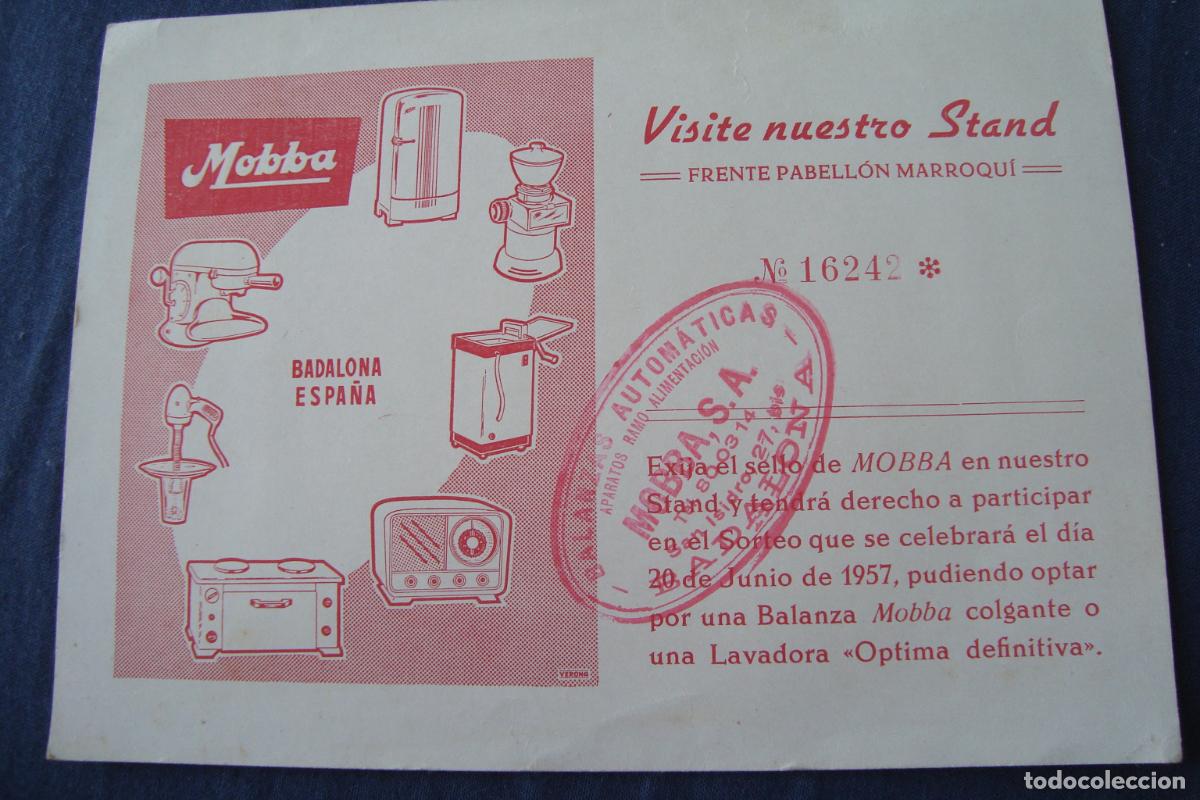 Cat&aacute;logos publicit&aacute;rios: ANTIGUA TARJETA BALANZAS MOBBA APARATOS ALIMENTACION BADALONA 1957