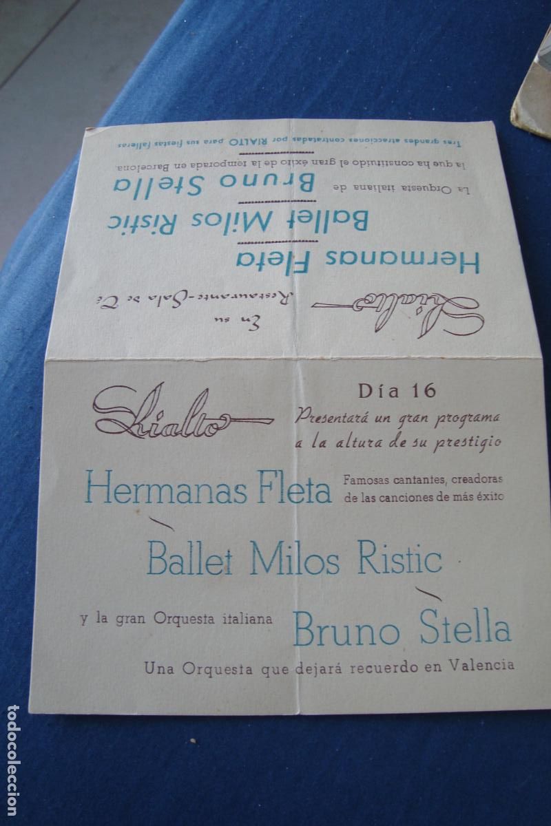 Werbekataloge: ANTIGUA TARJETA SALA TE RIALTO VALENCIA. HERMANAS FLETA. BALLET MILOS RISTIC. ORQUESTA BRUNO STELLA