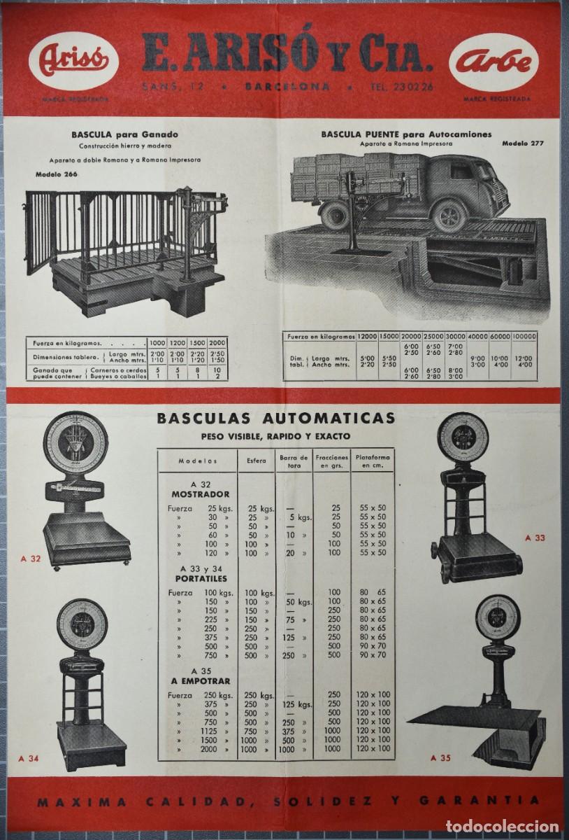 Cataloghi pubblicitari: Folleto publicitario Aris&oacute;, Barcelona. B&aacute;sculas para Ganado, Autocamiones y Autom&aacute;ticas. 31 x 21 cm.