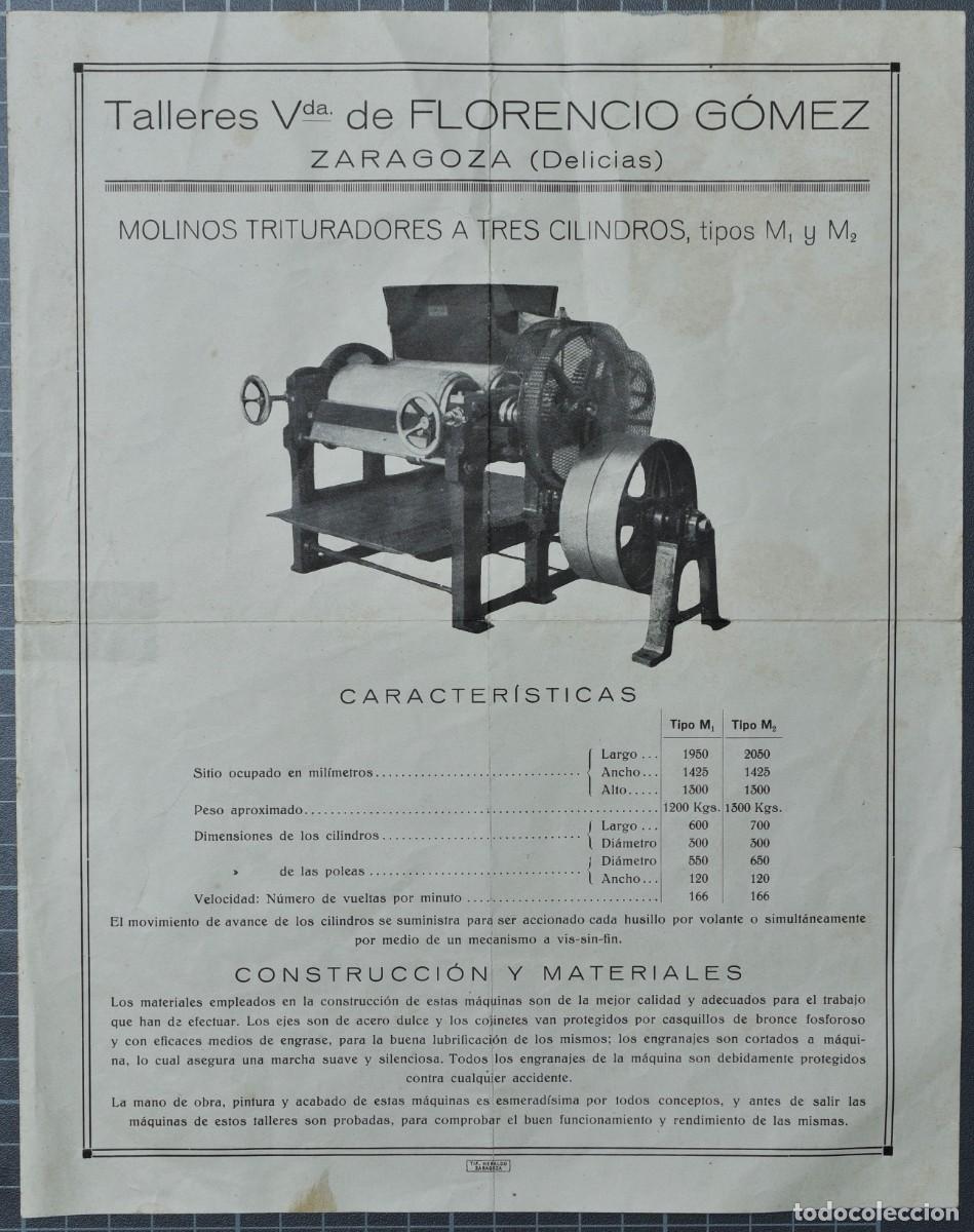 Cat&aacute;logos publicitarios: Talleres Vda de Florencio G&oacute;mez. Zaragoza (Delicias). Molinos trituradores a tres cilindros.
