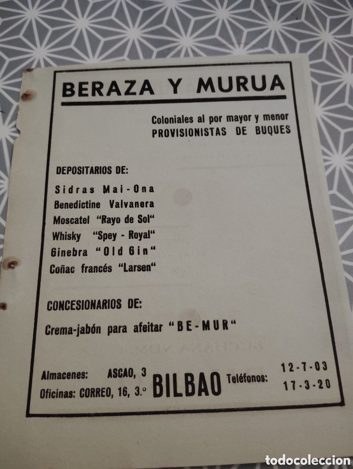 Cat&aacute;logos publicit&aacute;rios: BERAZA Y MURUA. COLONIALES AL POR MAYOR Y POR MENOR. BILBAO. A&Ntilde;OS 40
