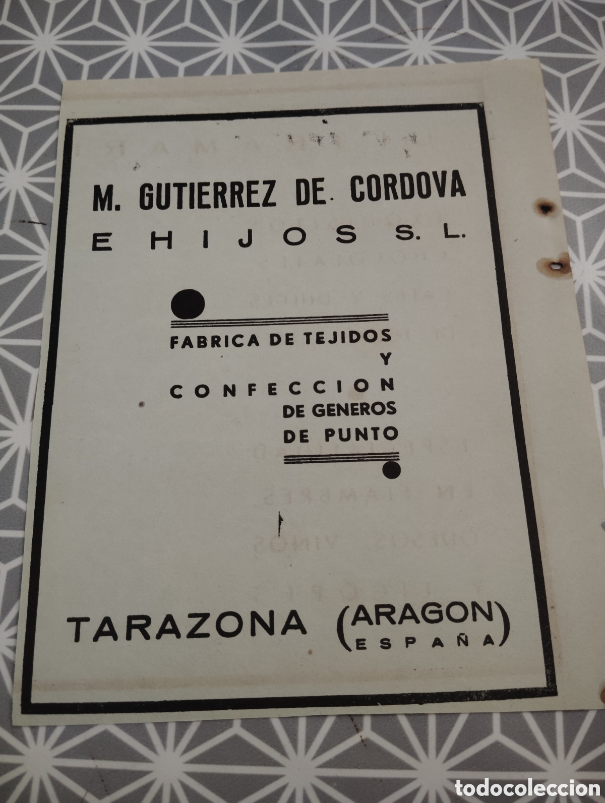 Cat&aacute;logos publicit&aacute;rios: M. GUTI&Eacute;RREZ DE CORDOBA. FABRICA DE TEJIDOS. TARAZONA. A&Ntilde;OS 40