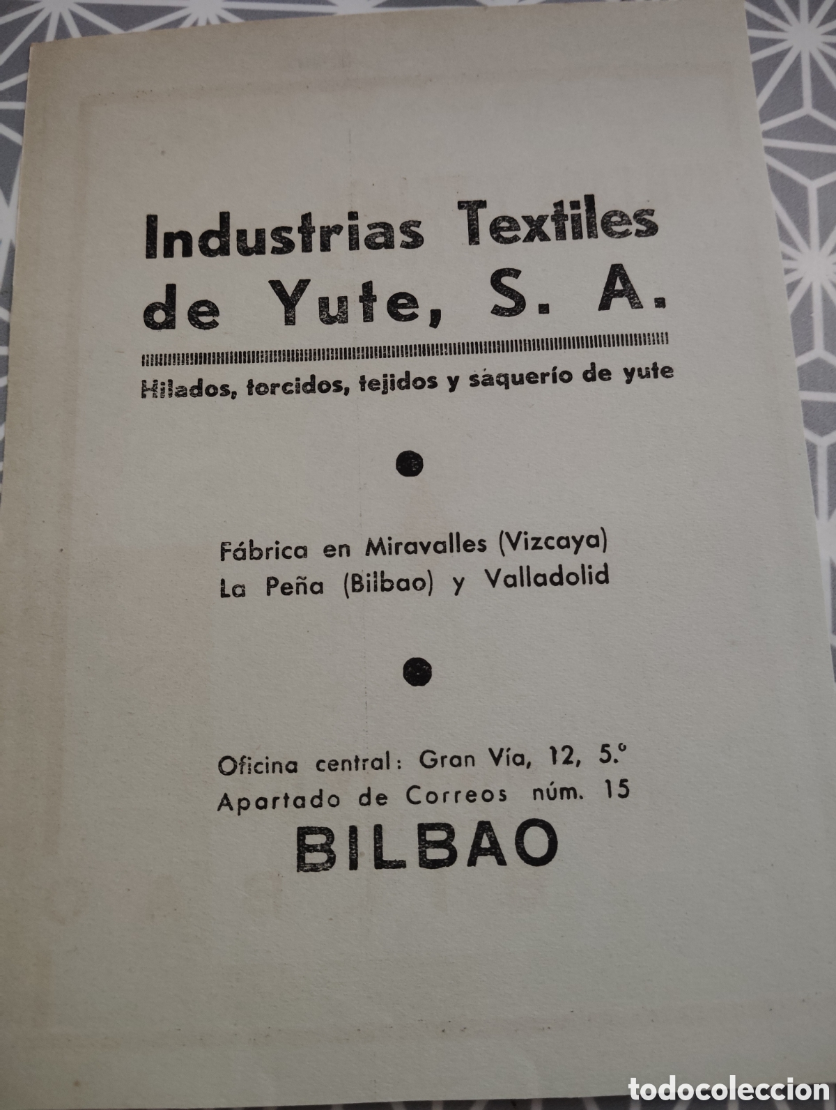 Cat&aacute;logos publicit&aacute;rios: Industrias textiles de Yute S.A. Bilbao. A&ntilde;os 40