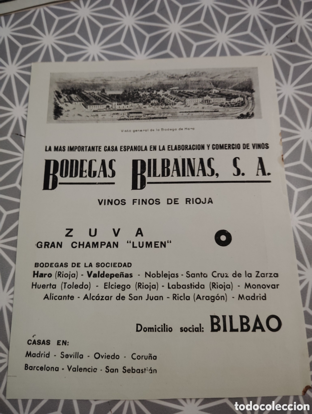 Cat&aacute;logos publicit&aacute;rios: BODEGAS BILBAINAS S A. VINOS FINOS DE RIOJA. BILBAO. A&Ntilde;OS 40