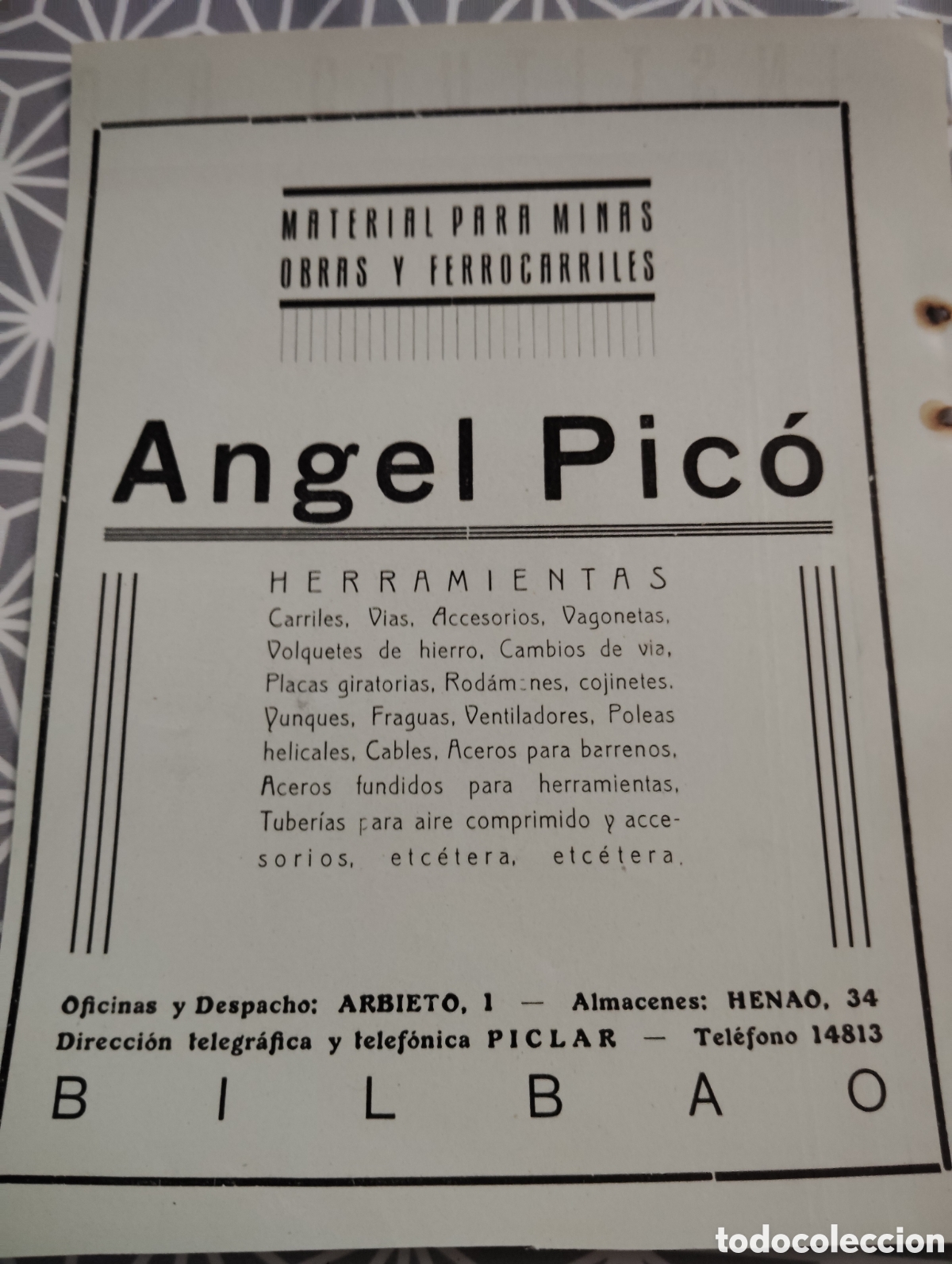 Cat&aacute;logos publicit&aacute;rios: ANGEL PIC&Oacute;. MATERIAL PARA MINAS, FERROCARRILES Y OBRAS