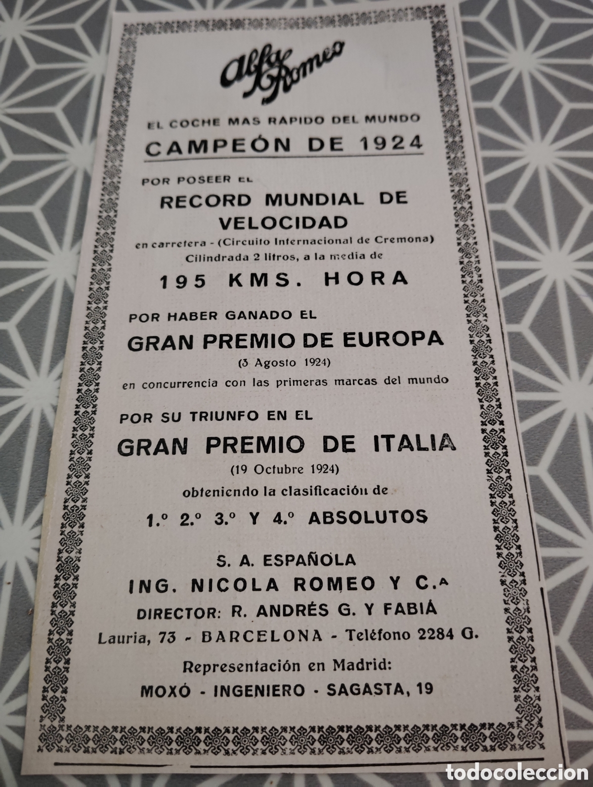 Cataloghi pubblicitari: Alfa Romeo campe&oacute;n de 1924. PUBLICIDAD Original a&ntilde;o 1925
