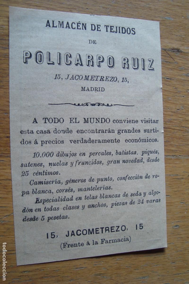 Werbekataloge: ANTIGUA PUBLICIDAD ALMACEN TEJIDOS POLICARPO RUIZ-BICARBONATO FARMACIA TORRES MU&Ntilde;OZ. MADRID 1895