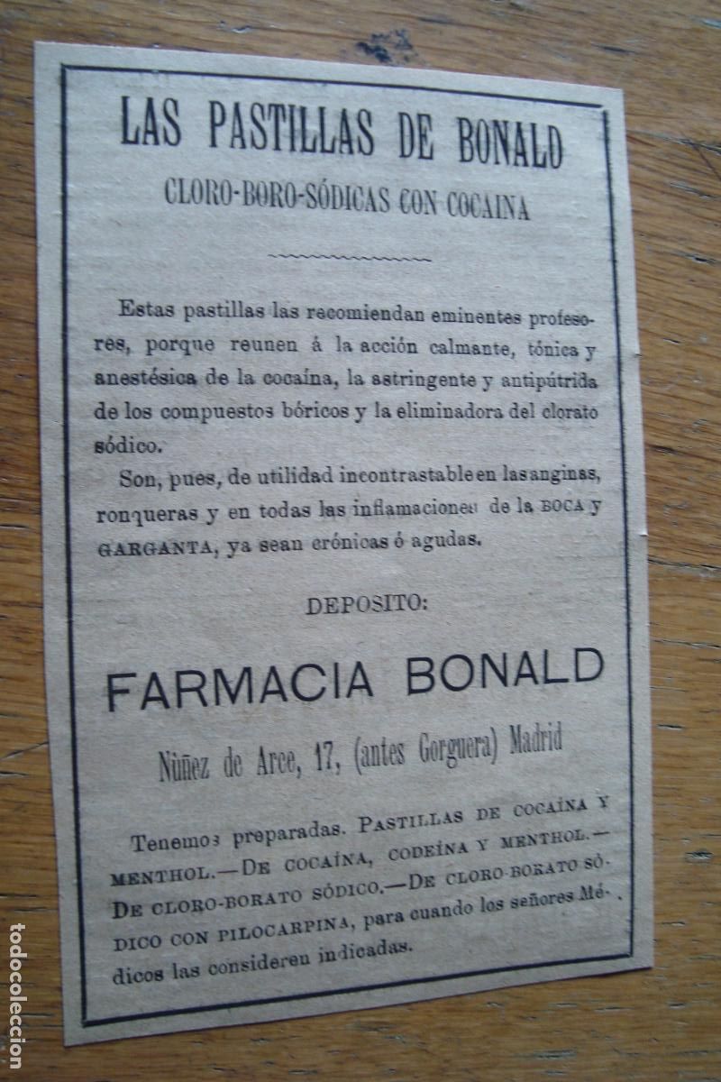 Werbekataloge: ANTIGUA PUBLICIDAD PASTILLAS FARMACIA BONALD MADRID 1895.