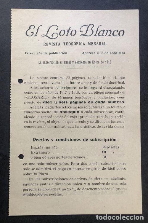 Werbekataloge: EL LOTO BLANCO / REVISTA TEOSÓFICA / BARCELONA 1919 / BIBLIOTECA ORIENTALISTA / PUBLICIDAD Y SUSCRIP