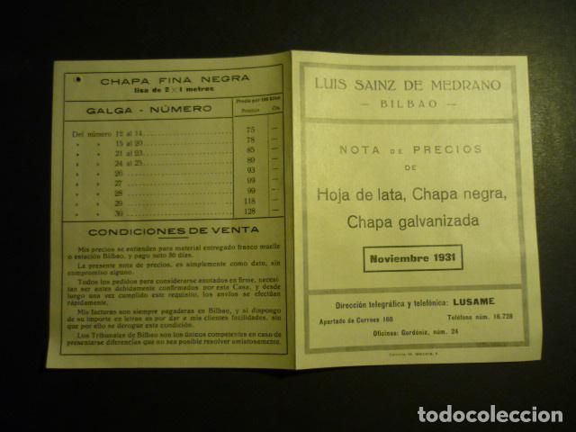 Cat&aacute;logos publicitarios: BILBAO LUIS SAINZ DE MEDRANO 1931 PRECIOS HOJA DE LATA CHAPAS