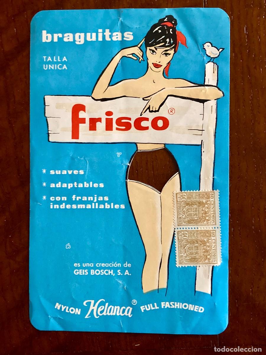 Werbekataloge: Tarjet&oacute;n troquelado braguitas Frisco, Geis Bosh SA, con 2 sellos timbre m&oacute;vil de 40 ct, a&ntilde;os 1960-70