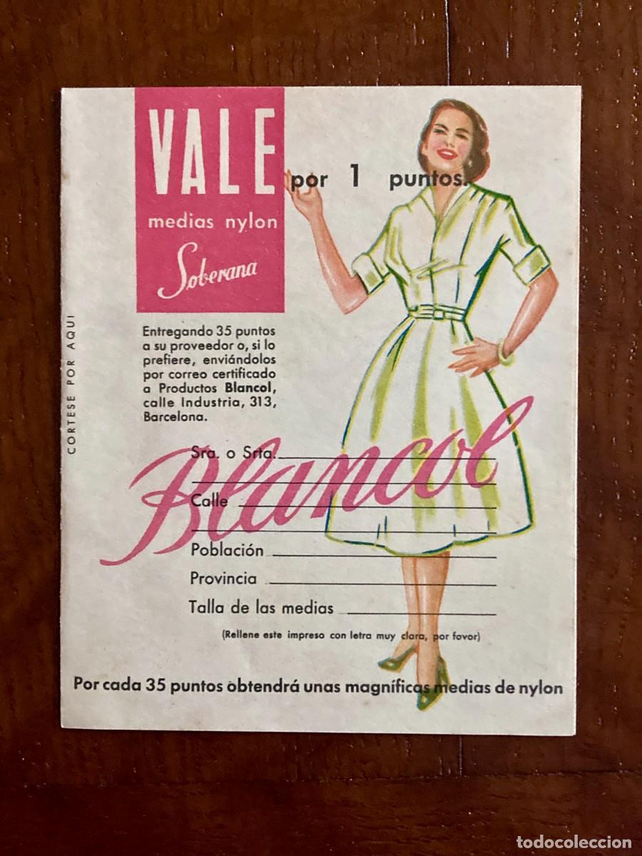 Cat&aacute;logos publicitarios: Publicidad jab&oacute;n detergente Blancol, vale 1 punto medias nylon Soberana, a&ntilde;os 1950-60