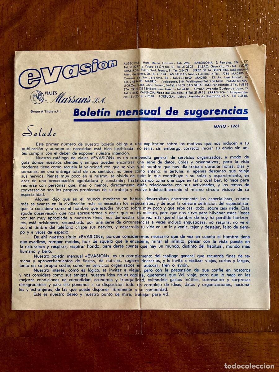 Werbekataloge: Evasi&oacute;n, bolet&iacute;n mensual Viajes Marsans. Art&iacute;culo de Eugenio de Rioja. Publicidad ITAL. Mayo 1961.