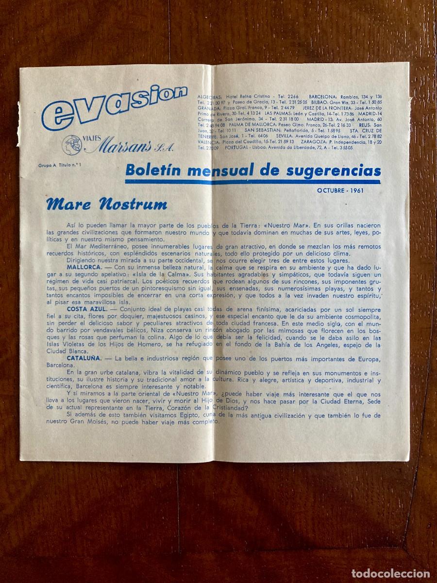Cat&aacute;logos publicitarios: Evasi&oacute;n, bolet&iacute;n mensual de sugerencias de Viajes Marsans SA. Octubre 1961.