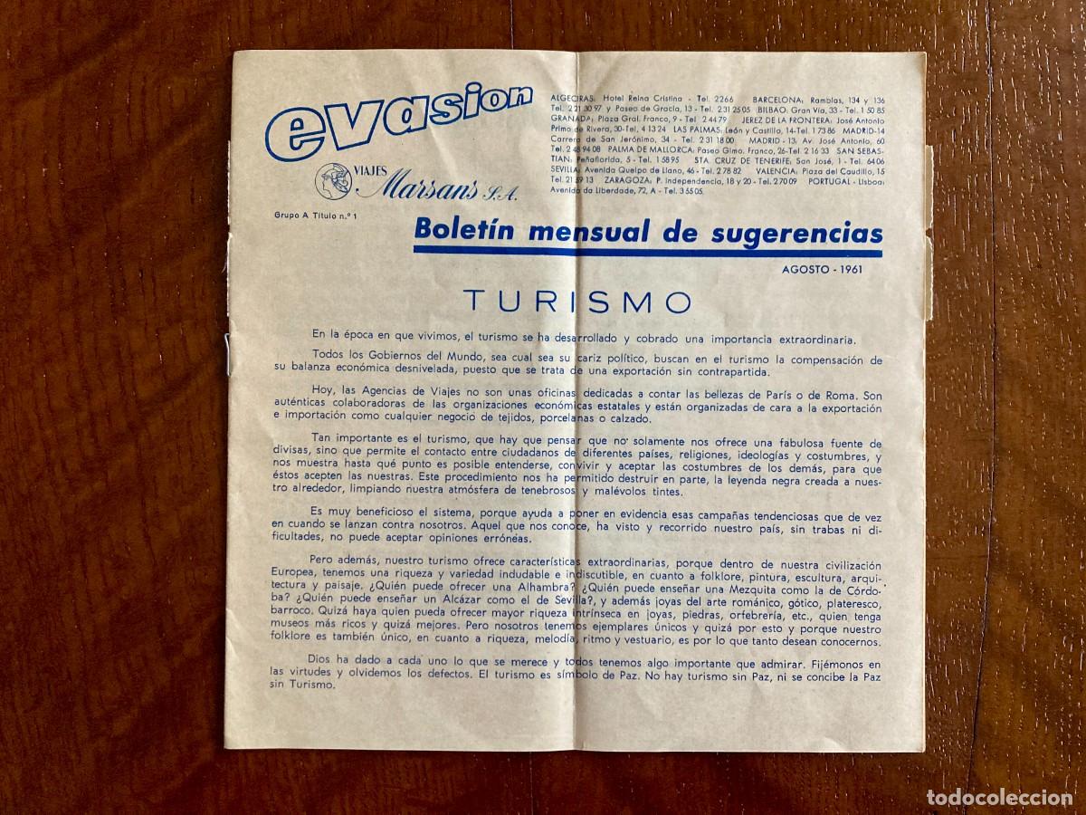 Cat&aacute;logos publicitarios: Evasi&oacute;n, bolet&iacute;n mensual de sugerencias de Viajes Marsans SA. Agosto 1961.