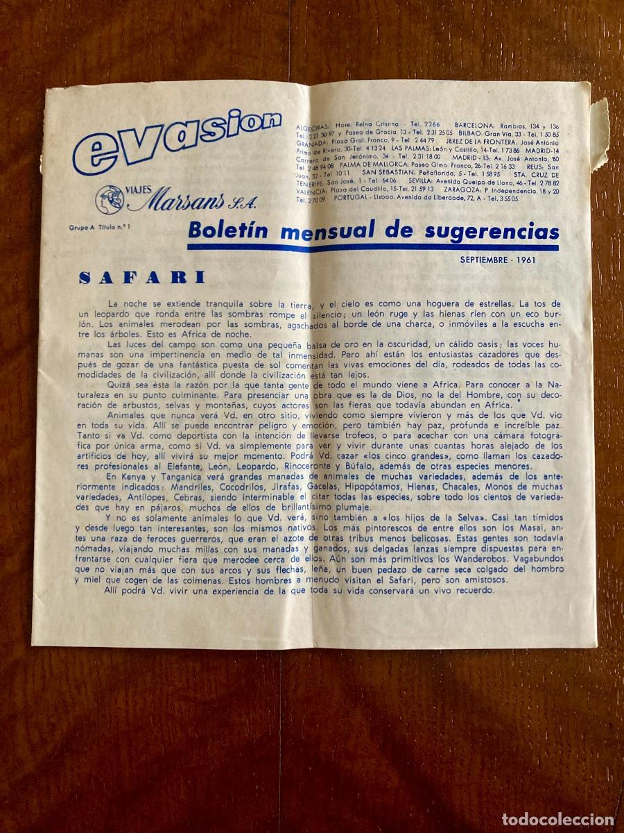Cat&aacute;logos publicitarios: Evasi&oacute;n, bolet&iacute;n mensual de sugerencias de Viajes Marsans SA. Septiembre 1961.