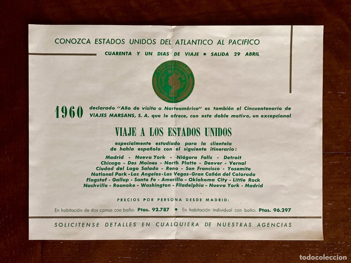 Cat&aacute;logos publicitarios: Hoja publicitaria de viaje a Estados Unidos, cincuentenario de Viajes Marsans SA. 1960