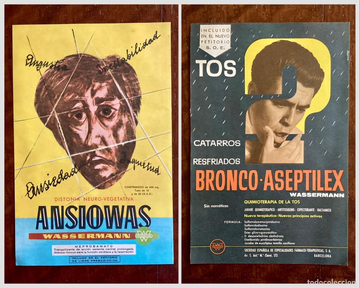 Cat&aacute;logos publicitarios: Hoja publicitaria - farmacia - especialidades Wassermann: Ansiowas y Bronco-Aseptilex, 1960s