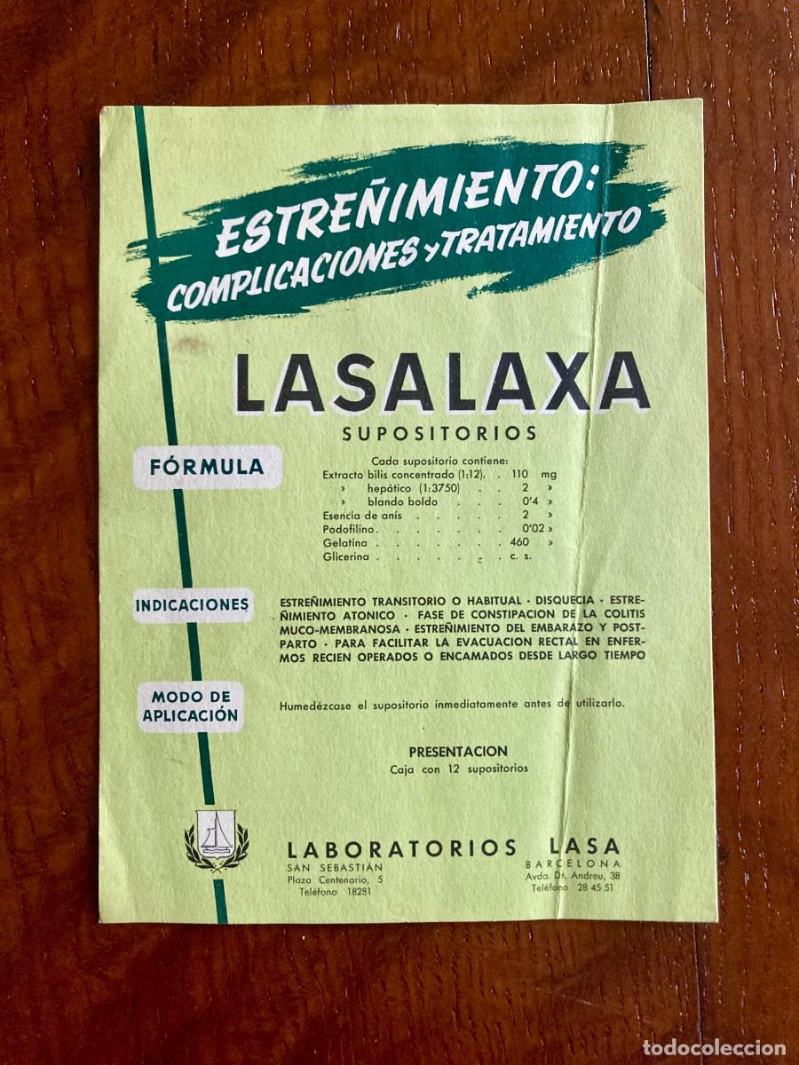 Werbekataloge: Hoja publicitaria - farmacia - Lab. LASA: LASALAXA supositorios, CODEFILONA, ASMATER - 1961