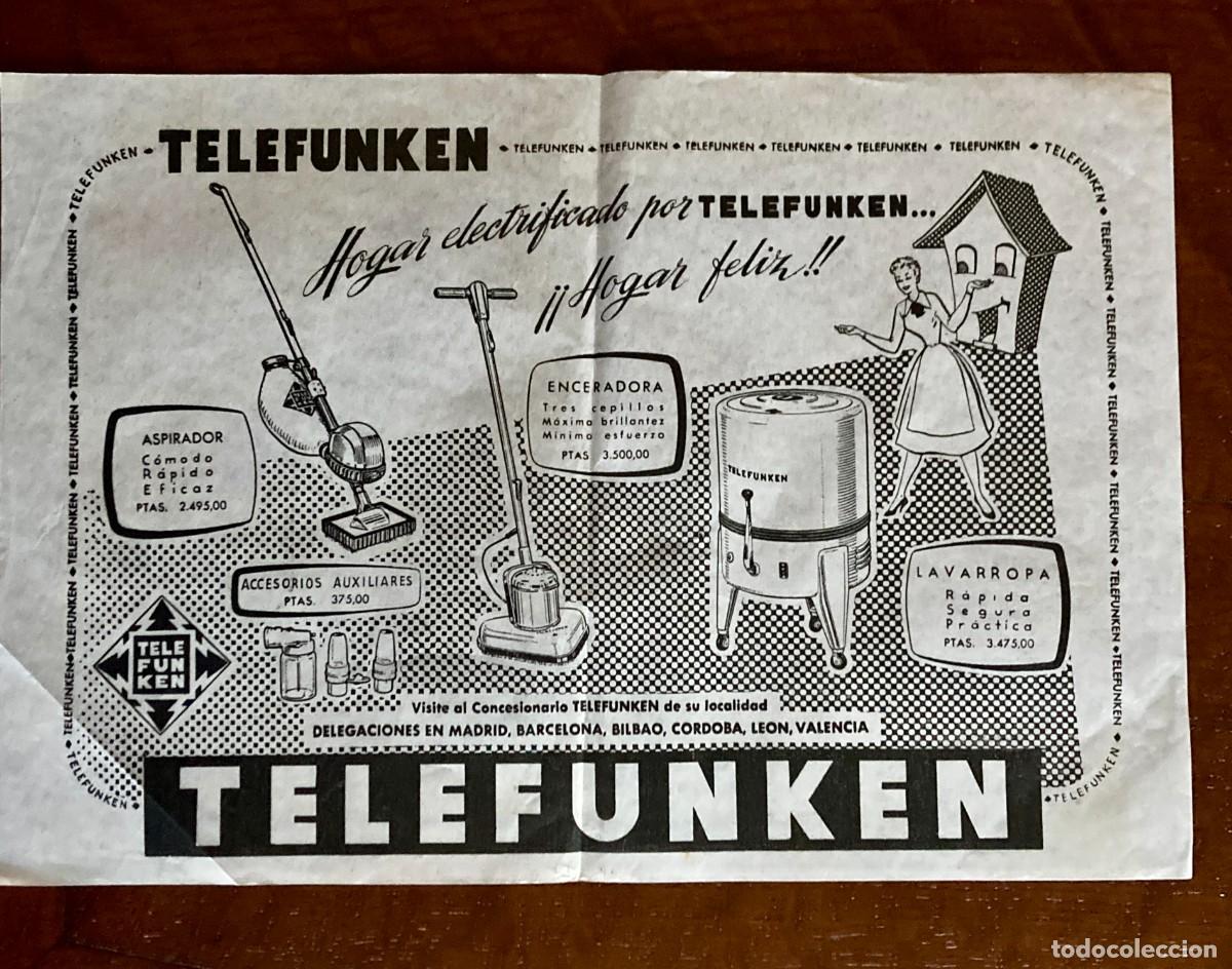 Werbekataloge: Hoja publicitaria: TELEFUNKEN &rdquo;Hogar electrificado... &iexcl;&iexcl;Hogar feliz!!&rdquo; con precios, a&ntilde;os 1950