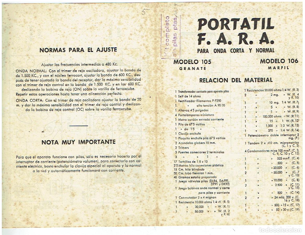 Catalogues publicitaires: PORTATIL F. A. R. A. PARA ONDA CORTA Y NORMAL. MODELO 105 Y 106. (C/A30)